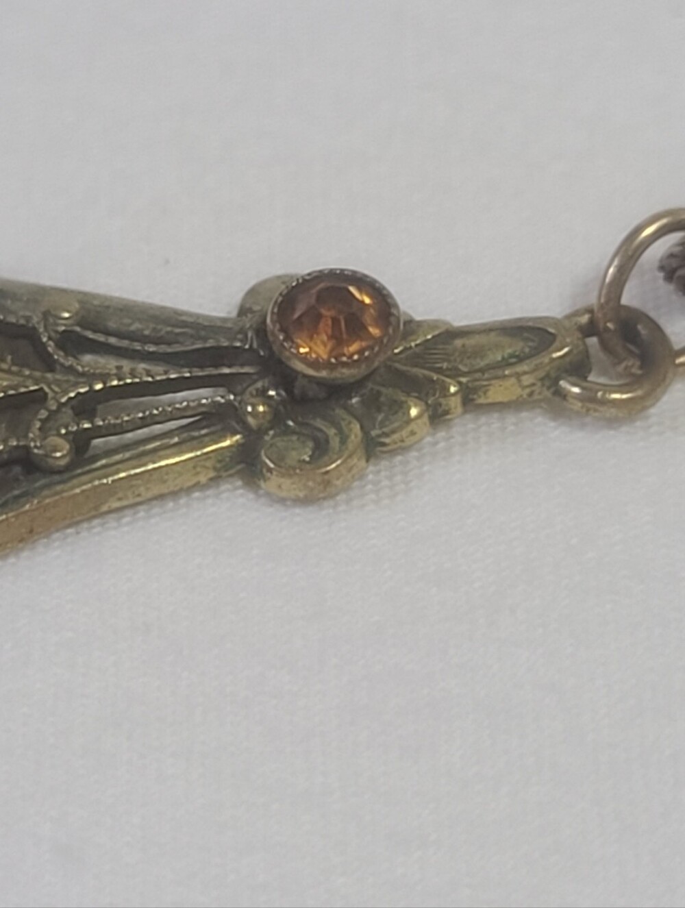 Antique Art Deco Orange Yellow Glass Gems Brass Pendant Necklace - Picture 4 of 14